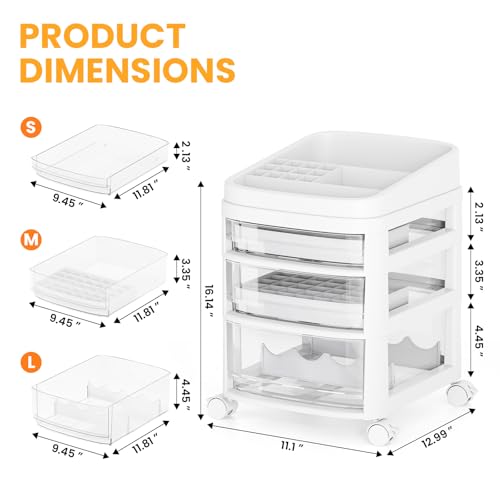 Rolling Cart with 3 Drawers, Clear Plastic Drawer Organizers, Dust Proof Under Desk Storage for Makeup, Skincare, Art Crafts and Baby Items, Acrylic Cosmetic Organizer with Dividers, Vanity Cart - size: 3 Tier