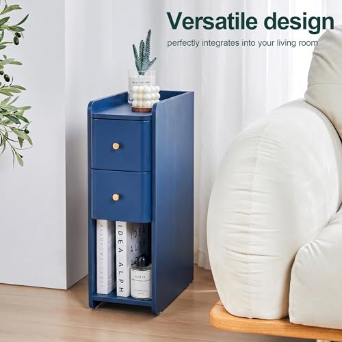 Blue Narrow Nightstand, Wooden Small 2 Drawer Nightstand, Slim Side End Table, Skinny Bedside Table, Mid Century Modern Night Stand with Drawers, for Living Room (Blue-1 pc) - color: Blue-1 Pc