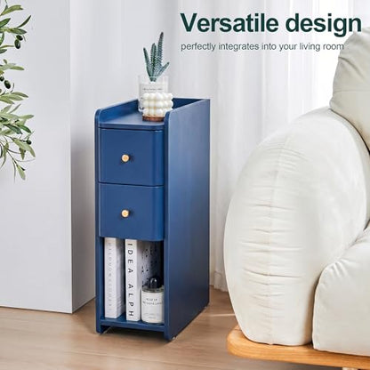 Blue Narrow Nightstand, Wooden Small 2 Drawer Nightstand, Slim Side End Table, Skinny Bedside Table, Mid Century Modern Night Stand with Drawers, for Living Room (Blue-1 pc) - color: Blue-1 Pc