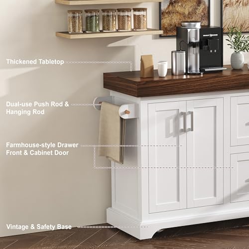 53" Large Kitchen Island with Ultra-Thick 3.5" Countertop, Heavy-Duty Rolling Storage Cart on 5 Wheels, 2 Extra-Large Drawers, Adjustable Cabinet Shelf, for Kitchen, White - color: White
