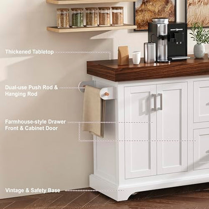 53" Large Kitchen Island with Ultra-Thick 3.5" Countertop, Heavy-Duty Rolling Storage Cart on 5 Wheels, 2 Extra-Large Drawers, Adjustable Cabinet Shelf, for Kitchen, White - color: White