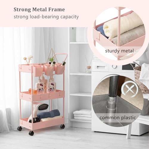 danpinera Slim Storage Cart, 3 Tier Narrow Rolling Cart on Wheels Bathroom Organizer with Dividers Handle Hanging Cups Hooks for Laundry Room Kitchen Small Spaces, Pink - style: 3 Tier Pink