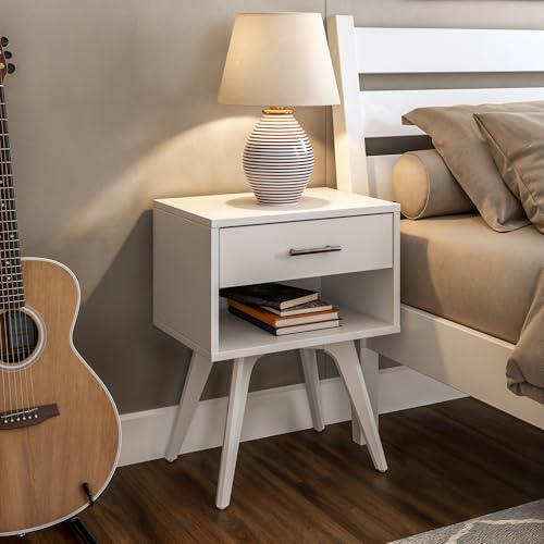 Mid Century Modern One Drawer Nightstand/Constructed of Solid Wood/White Finish - color: White