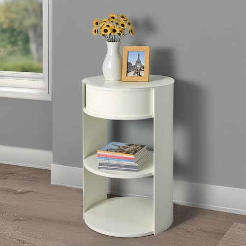 Christopher Knight Home Pomme 3-Tier Metal Small Side Table, Narrow Bedside Table with Sliding Door Cabinet, Bedroom Decoration Organizer, Round End Table with Storage, Space Saving, Matte White - color: Matte White