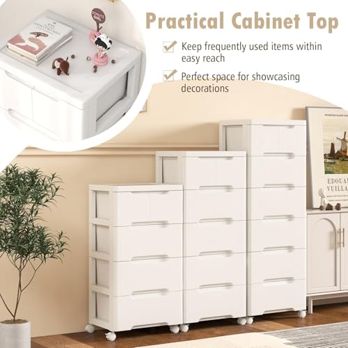 Plastic Storage Drawer Cart, Mobile Utility Cart, Home Craft Organizer with 5 Drawers & Lockable Wheels, Slim Rolling Storage Cart for Living Room, Bathroom, Dorm & Office (16”L x 13”W x 31”H)
