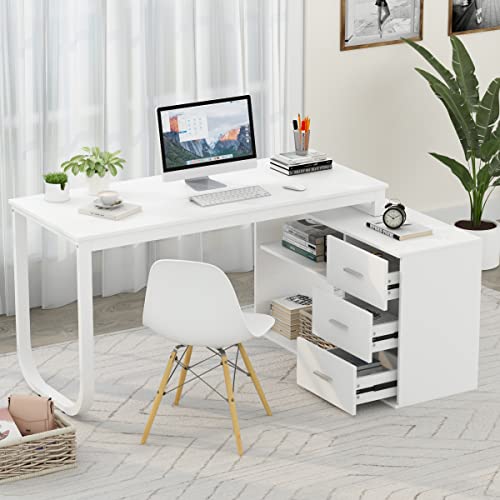 FUFU&GAGA 55.1" Large L-Shaped Office Desk with 39" File Cabinet, Corner Computer Desk with 3 Drawers & 2 Shelves, Workstation Executive Desk with Storage Shelf for Home Office (White) - color: Matte White