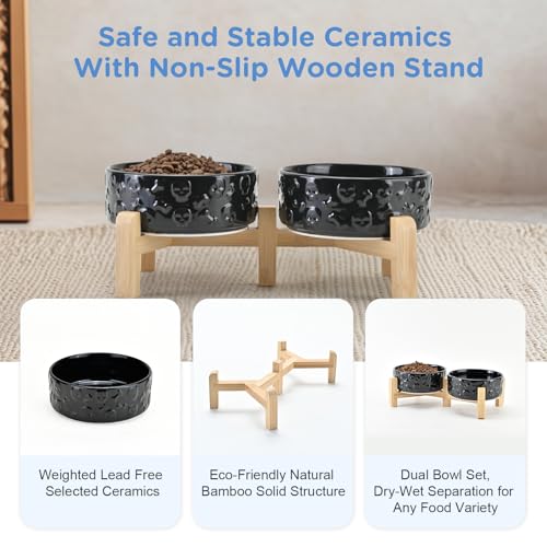 SPUNKYJUNKY Elevated Dog Bowls Ceramic, 5.1'' Dogs and Cat Food Water Bowls Raised with Non-Slip Bamboo Stand for Puppy Small Sized Breed Microwave Dishwasher Safe - 13.5 OZ,Skull Black - color: Black- Skull, size: 5.1 in - 1.7 cups