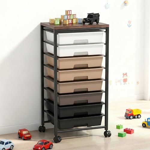 Rolling Cart with 8 Drawers, Storage Drawers Cart with Wooden Tabletop and Lockable Wheels, Craft Storage for Living Room, Office, Classroom, Craft Room, Bedroom (Brown) - color: Brown