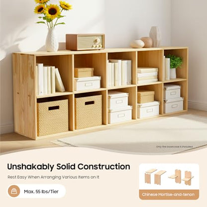 10-Cube Solid Wood Bookshelf, 2-Tier Storage Organizer Semi-Open Floor Display Shelf Closet Cabinet for Home Office Library School, 12" D x 59" W x 24" H - size: 10-Cube