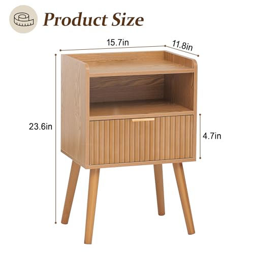 AWASEN Fluted Nightstand, Mid Century Modern Bedside Table with Storage Drawers, Wood Night Stand Bed Side Table with Solid Wood for Living Room, Bedroom, Office and Small Space (Brown)