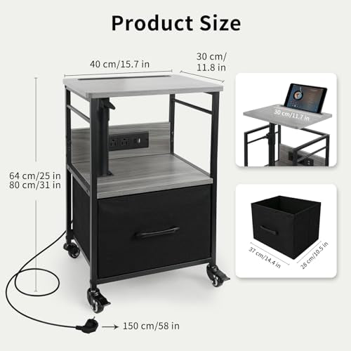 Small Bedside Table with Charging Station, Rolling Side Table with Wheels, Small Nightstand with Drawer Storage for Bedroom - Grey Walnut Look - color: Gray Walnut