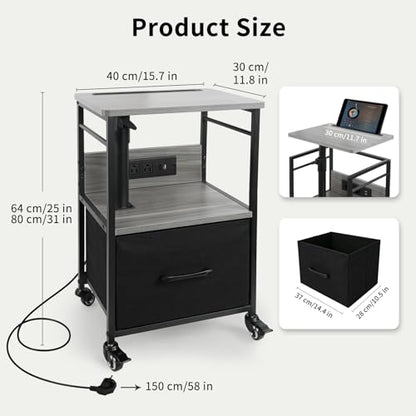 Small Bedside Table with Charging Station, Rolling Side Table with Wheels, Small Nightstand with Drawer Storage for Bedroom - Grey Walnut Look - color: Gray Walnut