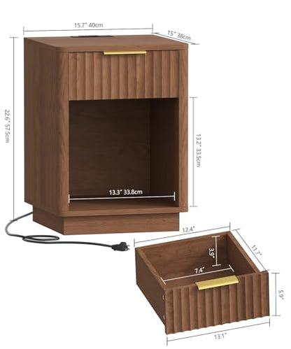 Akxomel Fluted Nightstand, Wooden Night Stand with Charging Station and LED Light, Modern Mid Century End Table with Drawer, 15" D x 15.7" W x 22.6" H, for Bedroom, Walnut - color: Walnut