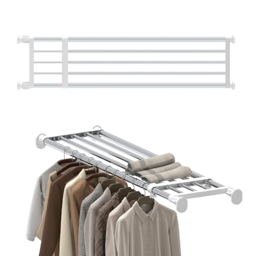 Hershii Tension Shelf Expandable Rod Closet System Heavy Duty Clothes Hanger Adjustable DIY Garage Bathroom Kitchen Storage Organizer Shoe Rack, Plant Stand, Bookshelf - color: Ivory, size: 46.85 - 75 inches