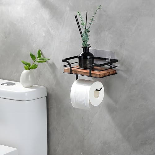 YIGII Rustic Farmhouse Toilet Paper Holder with Shelf - Wooden Tissue Paper Roll Holder, Bathroom Wall Mounted Toilet Paper Roll Holder with Wipes Storage, Black Metal - color: Matte Black+brown