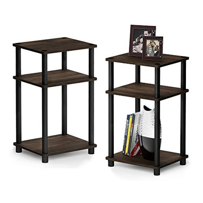 Furinno Just 3-Tier Turn-N-Tube End Table / Side Table / Night Stand / Bedside Table with Plastic Poles, 2-Pack, Columbia Walnut/Black - color: Columbia Walnut/Black, size: 3-Tier, Round Pole, style: 2-Pack