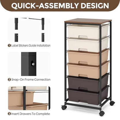 6 Drawer Rolling Storage Cart with Wooden Top and Wheels for Crafts,Brown | Easy Setup, Large Capacity, Sturdy Build, Lockable Mobility, For office, classroom and art studio supplies - color: Brown