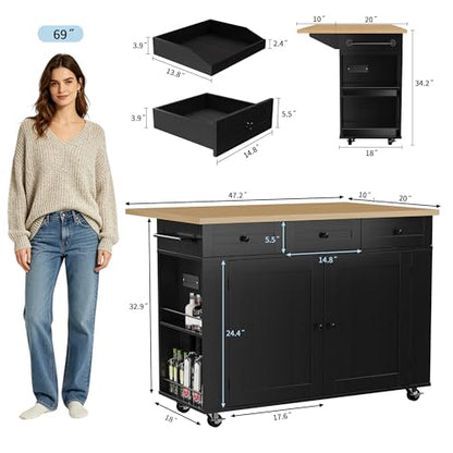 IDEALHOUSE Rolling Kitchen Island with Drop Leaf Countertop, Charging Station & Ample Storage - 47.2" Mobile Kitchen Cart On Wheels with Pull-Out Shelves, Drawers, Spice Rack & Organizer Divider