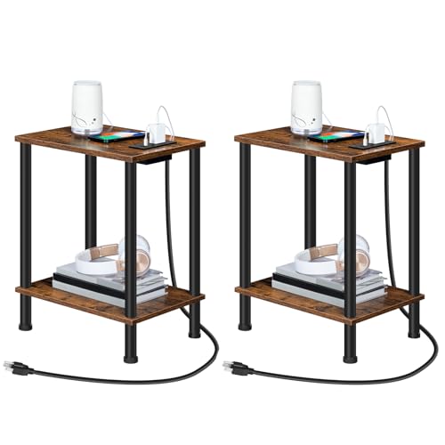 HOOBRO Side Table with Charging Station, Set of 2 End Tables with USB Port and Outlets, Nightstand with 2-Layer Storage Shelves for Small Spaces, Living Room, Bedroom, Rustic Brown BF09UBZP201 - color: Rustic Brown + Black