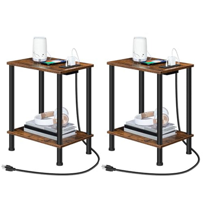HOOBRO Side Table with Charging Station, Set of 2 End Tables with USB Port and Outlets, Nightstand with 2-Layer Storage Shelves for Small Spaces, Living Room, Bedroom, Rustic Brown BF09UBZP201 - color: Rustic Brown + Black