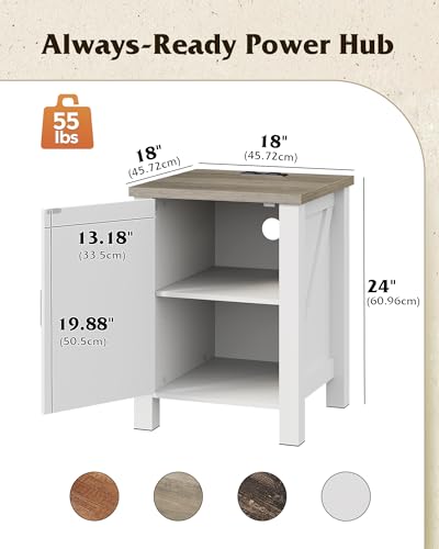 WLIVE White Farmhouse Nightstand with Charging Station, End Table with Barn Door and Adjustable Storage Shelf, Rustic Wood Night Stand, 18" Modern Bedside Table for Bedroom, White - color: White