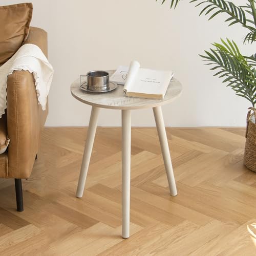 AWASEN Round Side Table, Modern Small End Table for Living Room, Wood Accent Drink Table for Small Space with Solid Wood Legs, Easy Assembly, Rustic White Oak - color: Rustic White Oak