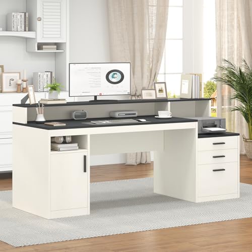 YOMILUVE 65 Inch Computer Desk with 3 Drawers & Storage Shelves, Executive Desk with File Drawer & Cabinet, Home Office Desk with Long Monitor Stand & Printer Shelf, Black & White - color: Black & White