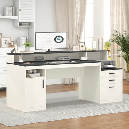 YOMILUVE 65 Inch Computer Desk with 3 Drawers & Storage Shelves, Executive Desk with File Drawer & Cabinet, Home Office Desk with Long Monitor Stand & Printer Shelf, Black & White - color: Black & White