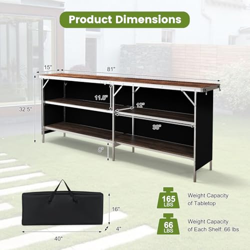 COSTWAY 81" Folding Picnic Table, Portable Bar Table with Carry Bag | Lightweight Aluminum Food Prep Station with 2 Shelves, Quick Set-up, BBQ, Party, Backyard, Brown - color: Brown, size: 81"W x 32.5"H