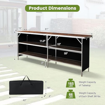 COSTWAY 81" Folding Picnic Table, Portable Bar Table with Carry Bag | Lightweight Aluminum Food Prep Station with 2 Shelves, Quick Set-up, BBQ, Party, Backyard, Brown - color: Brown, size: 81"W x 32.5"H
