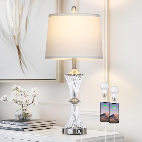 Rinweey Crystal Glass Table Lamp with USB C+A Ports & AC Outlet,White Clear Modern Bedroom Lamp,Silver Lamp for Living Room,Nightstand Lamp LED Bulbs Included,Single Silver - color: Silver-1P