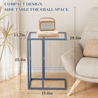 C Table End Table, Glass Couch Side Table, Tempered Glass Snack Side Table with Metal Frame, TV Tray Table for Small Space, Sofa Couch Side Tableand Bed Side Table(Blue) - color: Blue