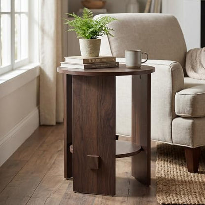 Round End Table with 2-Tier Storage Set of 2, 15.5” Small Side Table for Living Room, Modern Nightstand with Open Shelf, Compact Accent Table for Bedroom, Sofa Side, Small Spaces (Walnut) - color: Walnut