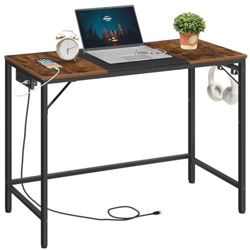 HOOBRO Computer Desk, 39.3 Inch Small Desk with Power Outlet, Writing Table with USB Charging Ports and 3 Hooks for Home Office, Study Room, Bedroom, Easy to Assemble, Rustic Brown and Black BF41UDN01 - color: Rustic Brown + Black, size: 39.3"W x 15.7"D x