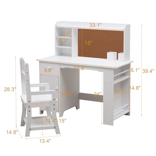 Garvee Kids Desk, Study Desk and Chair Set for Boys and Girl, Wooden Kids Writing Table with Bookshelf, Bulletin Board, Cabinet and Drawer for Ages 3-8, White - color: Pure White, style: 1 Cabinets+1 Drawer