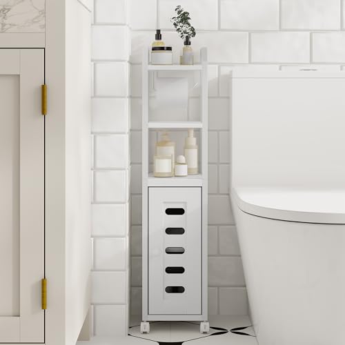 Hzuaneri Bathroom Storage Cabinet, Toilet Paper Storage Cabinet | Small Toilet Paper Holder with 4 Wheels, Bathroom Organizer with Adjustable Shelf, for Small Spaces, White BC04613W - color: White
