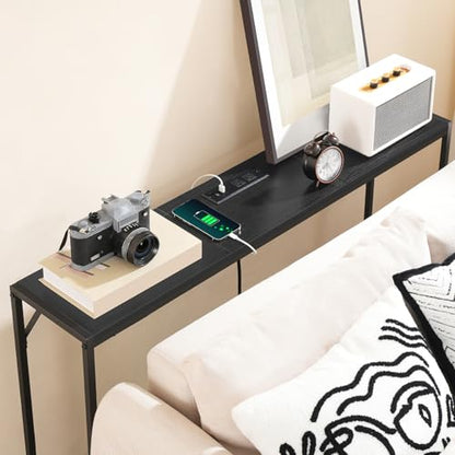 MAHANCRIS 43.7”Console Table with Outlet, Narrow Sofa Table with Charging Station, Entryway Table with Display Shelf, Behind Couch Table, Long Sofa Side Table, Living Room, Hallway, Black CTHB112E01 - color: Black