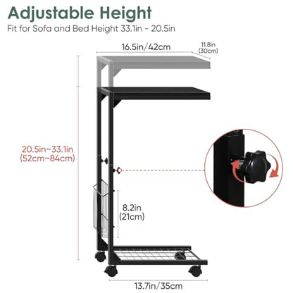C Shaped End Table Small Side Table with Wheels Slide Under Couch Table for Sofa Adjustable Height C Table with Metal Frame for Living Room Bedroom Bedside, Black - color: Black