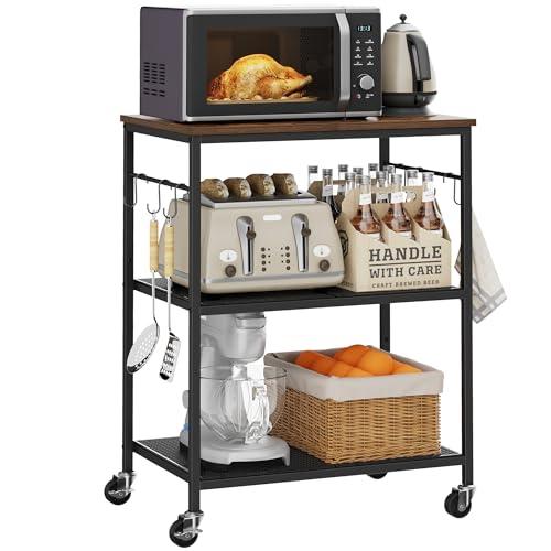 Homleke 3-Tier Rolling Kitchen Microwave Cart, Kitchen Utility Cart on Lockable Wheels, Coffee Bar Table Station with 6 S-Shaped Hooks, Small Appliance Storage Shelf, Rustic Brown and Black - color: Rustic Brown and Black, size: 3-Tier