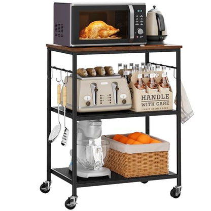 Homleke 3-Tier Rolling Kitchen Microwave Cart, Kitchen Utility Cart on Lockable Wheels, Coffee Bar Table Station with 6 S-Shaped Hooks, Small Appliance Storage Shelf, Rustic Brown and Black - color: Rustic Brown and Black, size: 3-Tier