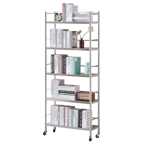 susunnus Stainless Steel Shelf,Shelves for Storage,Metal Kitchen,Garage Shelf,with Wheels,Rolling Shelves,Adjustable Height,Weight Capacity 440LB(27.6in*10.2in-5Twith guardrails) - size: 27.6in*10.2in-5T