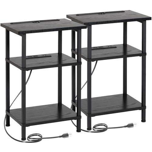 AMHANCIBLE Side Table with Charging Station, End Tables Living Room Set 2 | Narrow Nightstand & Side Tables Bedroom, Small End Table with 3 Open Shelves & USB Type-C Ports, Black - color: Black
