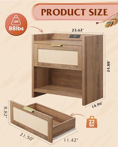 WLIVE Rattan Nightstands Set of 2, Night Stand Sets with Charging Station, Boho Bed Side Table with Storage Drawer and Open Shelf, End Tables Bedroom, Natural Oak - color: Natural Oak+2 Pcs, style: Bohemian