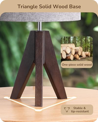 EDISHINE Boho Small Table Lamp, Walnut Color Wooden Tripod Bedside Lamp, Farmhouse Nightstand Lamp for Nursery, Bedroom, Office, Kid Room, Living Room, Grey Linen Lampshade, E26 Socket, 14.2 Inch - color: Walnut Wood Color &Grey Shade
