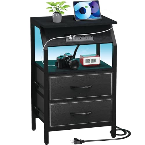 SZLHANJZ End Table with LED Lights, 2 Fabric Drawers and Charging Station | LED Nightstand Bedside Table, Small Night Stand for Bedside, Storage Side Table for Living Room, Dorm, Black - color: Black, size: 2 Drawers - Single