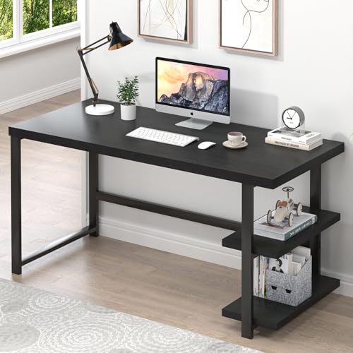 EXCEFUR Black Desk, Modern Computer Desk for Home Office, Metal Wood Writing Study Table Workstation with Storage Shelf for Living Room, Bedroom, 53 Inch - color: Black