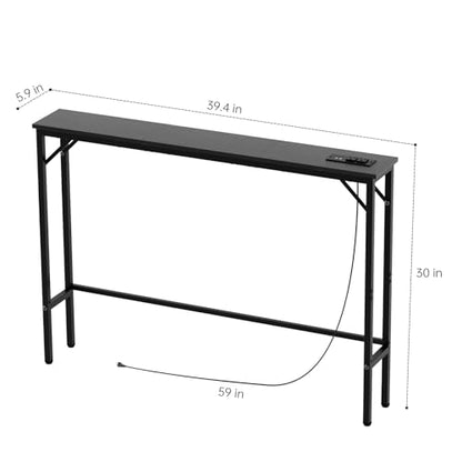 Aduanbang 5.9" Console Table with Outlet – Narrow Sofa Table, Behind Couch Table for Living Room & Hallway, 5.9" x 39.4" x 30", Metal Frame, Rustic Brown - color: Black, size: 5.9"D x 39.4"W x 30"H