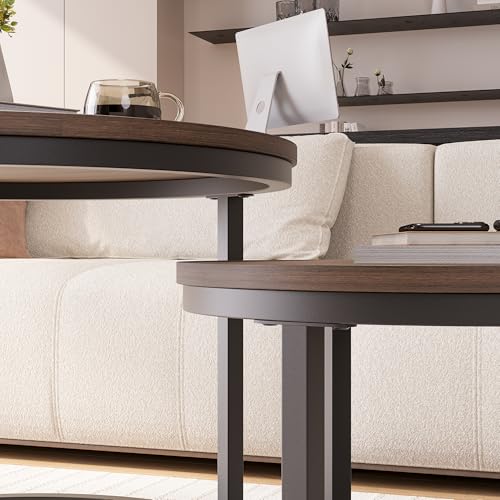 HOJINLINERO Round Nesting Coffee Table Set of 2,Walnut Coffee Table,Large | Center Table for Living Room,Small Apartment,Small Space,Stacking Side Tables,Wood Tabletop,Sturdy and Easy to Assemble - color: Walnut, size: Large