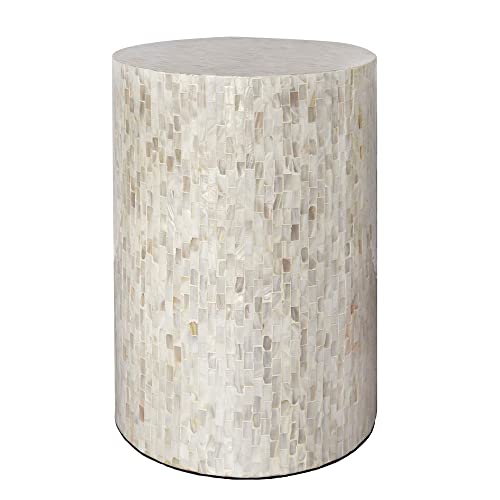PEMAR Mother of Pearl Cylinder Drum End Table Nacre Side Stool Round Accent Table Coffee Bedside Nightstand and Vanity Stool 13" Diameter x 19.3" High Pearl White & Cream - color: Pearl White