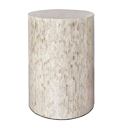 PEMAR Mother of Pearl Cylinder Drum End Table Nacre Side Stool Round Accent Table Coffee Bedside Nightstand and Vanity Stool 13" Diameter x 19.3" High Pearl White & Cream - color: Pearl White